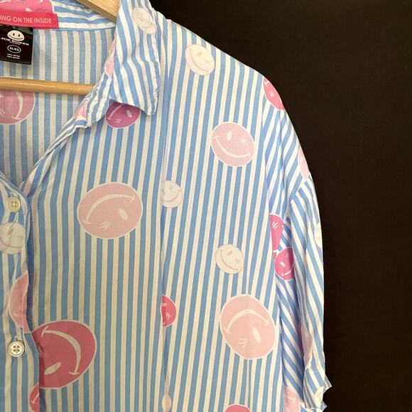 Joe Boxer Sleepwear women's XL rayon short sleeved button down blue smiley face - Picture 2 of 6